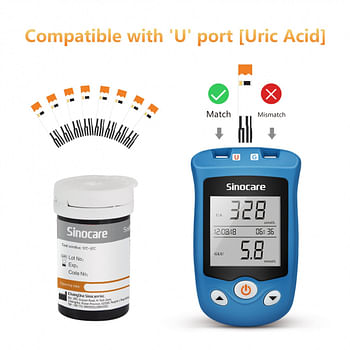 Sinocare Blood Glucose Uric Acid Meter with Advanced test strips Lancet Safe AQ UG for Multifunctions - Bundle (Device + 50 uric acid stips + 50 Safe AQ UG strips + 100 lancets)