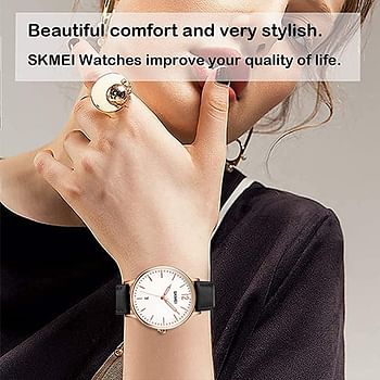 SKMEI Womens Watches for Ladies Female Leather Band Big face Waterproof Thin Minimalist Fashion Casual Simple Dress Analog Quartz with Date Luminous Young Girls Gift White Wrist Watch