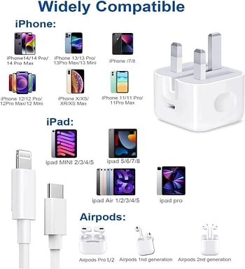 【معتمد من Apple MFi】شاحن iPhone سريع 20 وات، شاحن حائط USB C سريع مع كابل USB C بطول 2 متر إلى Lightning متوافق مع iPhone 14/14 Pro/14 Pro Max/13/12/SE2020/11/XR/XS Max/X/iPad ، إلخ…