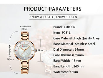 CURREN 9051 Original Brand Stainless Steel Band Wrist  Watch For Women With  Box .