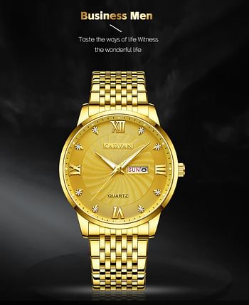 CADVAN Golden Luxury Stainless Steel Date Clock Men's Watch | Man Quartz Casual Wrist Watch
