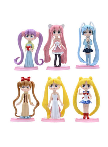 6 Pieces Sailor Moon Action Figures Doll Birthday Cartoon Cake Topper Mini Toy For Kids Theme Party Supplies Comes in Assorted Colors