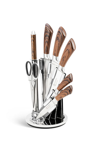 EDENEBERG Kitchen Knife Set with Holder | Premium High-Carbon Stainless Steel Kitchen Knife Set with Shears & Sharpener- Set of 8 Pieces, Brown-Silver 