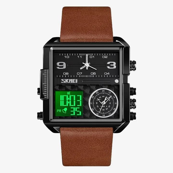 SKMEI 1584  Men's Multifunction Square Dial Digital Analog LED Chronograph Leather Strap Wristwatch