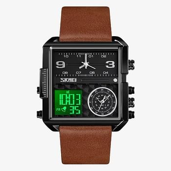 SKMEI 1584  Men's Multifunction Square Dial Digital Analog LED Chronograph Leather Strap Wristwatch