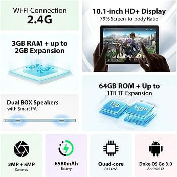 Blackview Tab 7, 10.1 inch Android 12 Tablet HD+ IPS Display, Quad-core 3GB RAM+64GB ROM (1TB External SD Card), 6580mAh Battery, 5MP+2MP Dual Camera, WIFI Bluetooth Type-C, Dual BOX Space Gray