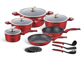 15PCS PRESSED ALUMINIUM COOKWARE SET ceramic-marbled coat, non-stick coating, PFOA free  Suitable for all types of cookers including induction  .