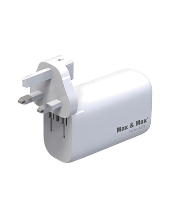 Max & Max 65W Fast Charger Adapter USB-C 3Port GaN PPS Turbo USB-C USB-A for MacBook Pro/Air, Laptops, iPad, iPhone 11,12,13,14,15 Pro Plus Max, Samsung S23/S10, Dell XPS, Note 20/10+, Oppo