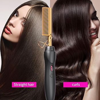 Electric Hot Comb, Hair Straightener, Portable Travel Beard Comb Hair Anti-Scald Ceramic Press Comb, Suitable for Men and Women Black and Gold