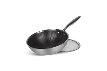 Edenberg 32CM WOK PAN WITH LID BLACK HONEY COMB COATING - NON-STCK SCRATCH FREE Three layers, STAINLESS STEEL+ALUMINIUM+STAINLESS STEEL