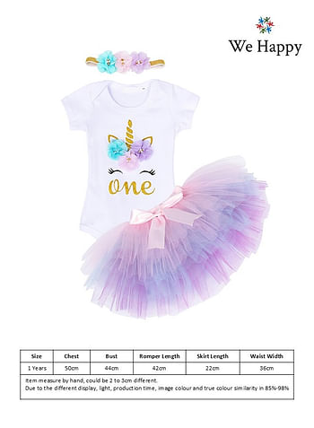 We Happy 4 Pieces 1st Birthday Baby Girl Costume Set, Newborn Princess ONE Printed Dress for Theme Party Photoshoot, Unicorn Bodysuit with Tutu Skirt, Cake Topper and Floral Headband - Purple, 1 Year