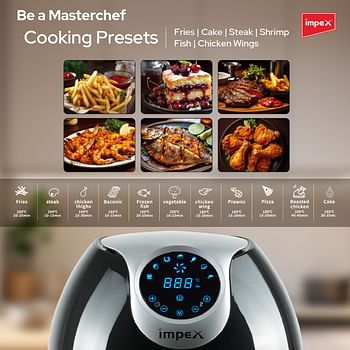 Impex Digital Air Fryer For Home, 10 Litre,1800W Oil-free Cooking, Digital Display with Touch Screen, Adjustable Timer And Temperature, Auto Cut Off, Fry, Grill, Roast, Steam and Bake - Black