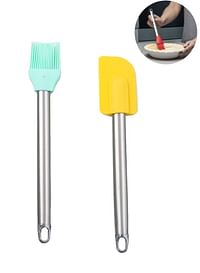 -Set of 2 - Silicone Basting BBQ Brush and Spatula a with Stainless Steel Handle Kitchen Utensils For Baking Pastry Bread Grill Perfect for Camping & Outdoor Comes in Assorted Colors