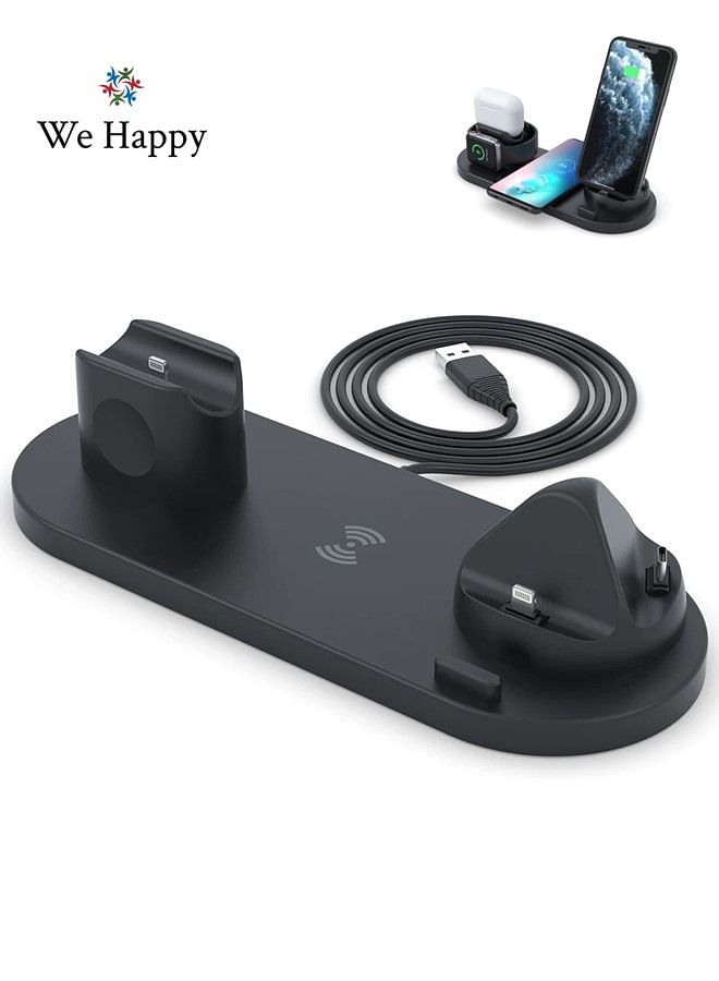 We Happy 6 in 1 Wireless Charging Station, Multi-Function Portable Fast Charger Stand for Smartphone, Apple Watch and AirPods - Black