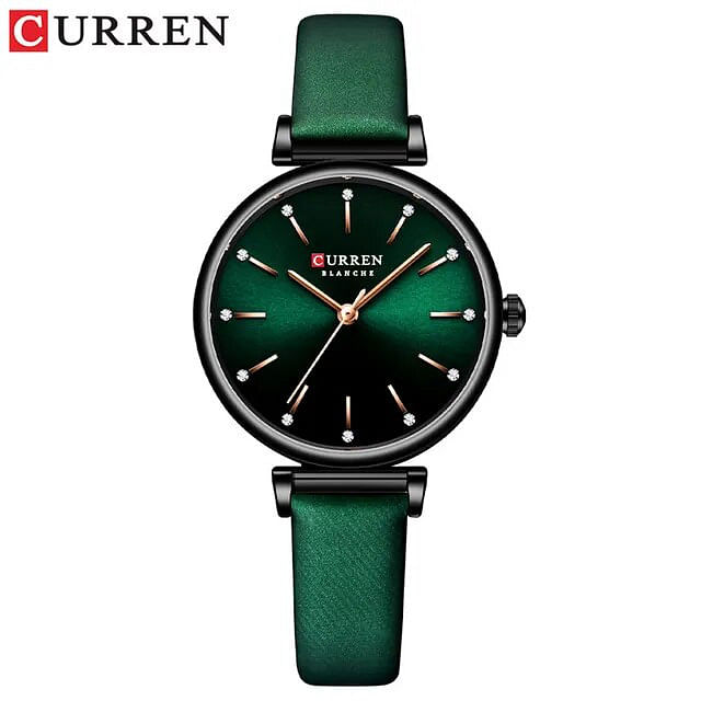 Curren 9081 Original Brand Leather Strap Wrist Watches For Women / All Green