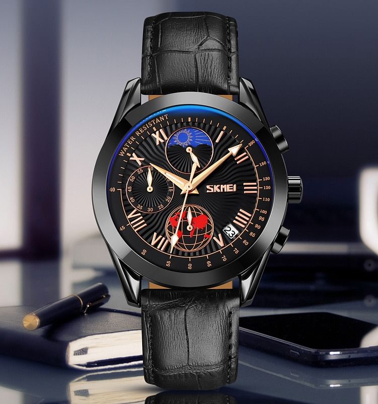 SKMEI  9236 Casual Quartz Male Wristwatch Creative Moon Phase Stopwatch.