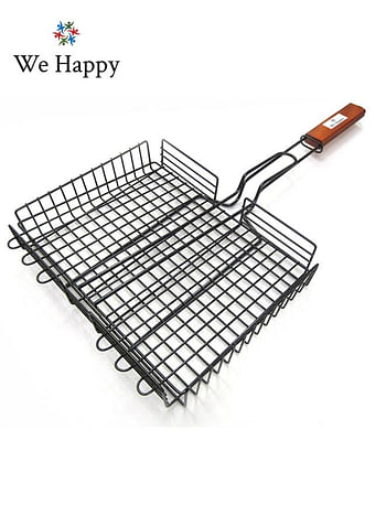 We Happy BBQ Grilling Basket, Stainless Steel Grill with Handle, Perfect Outdoor Camping Rack for Fish, Shrimp, Meat and Vegetables