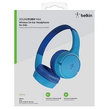 Belkin MINI Wireless On-Ear Headphones for Kids - Volume Safe at 85dB, Adjustable, Bluetooth 5.0 w/ Built-In Mic & Controls, 30 Hrs Battery Life, for On-line Class/Distance Learning - Blue