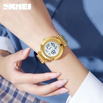 SKMEI 1892 Muslim Digital Watch Women Led Light Display Sport Watch Pilgrimage Time Reminder Qibla Direction Function Watch Gold