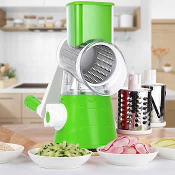 Vegetable Mandoline Slicer Chopper- Rotary Cheese Grater with 3 Interchangeable Ultra Sharp Cylinders Stainless Steel Blades (Green)