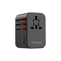 Promate GaN Travel Adapter with AC Outlet, Dual 65W USB-C PD and 30W QC 3.0 Ports, TripMate-GaN65