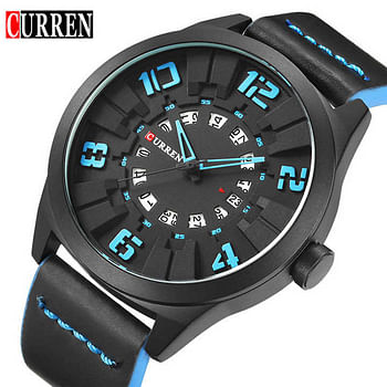 Curren 8258 Original Brand Leather Straps Wrist Watch For Men / Black and Cyan