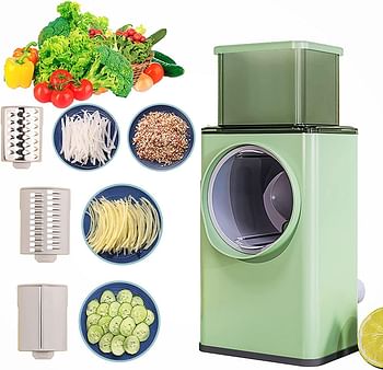 Manual Rotary Cheese Grater with 3 Drum Blades, Vegetable Slicer Cutter | Strong Suction Base Tumbling Cheese Shredder| Kitchen Nut Grinder Round Mandolin Slicer