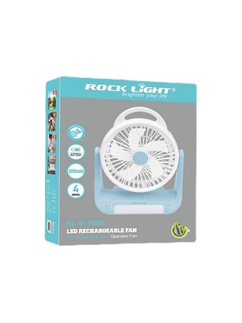 Rocklight 8 Inch and 5 Blades LED Rechargeable Fan RL-F-7083 with 3000 MAH Powerful Lithium Battery, 4 Speed Choice, Type-C Charging, LED Light