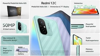 Xiaomi Redmi 12C 6GB RAM, 128 Storage, Powerful MediaTek Helio G85, Immersive 6.71Inch HD+ display, 50MP AI dual camera, 5000mAh long, lasting battery, Graphite Gray