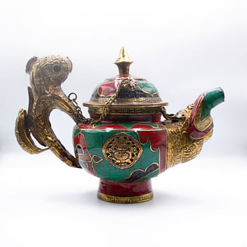 Exquisite Teapot Brass Turquoise Lapis Coral Lab Created Gemstone Handmade Nepal Tibetan Style Kettle