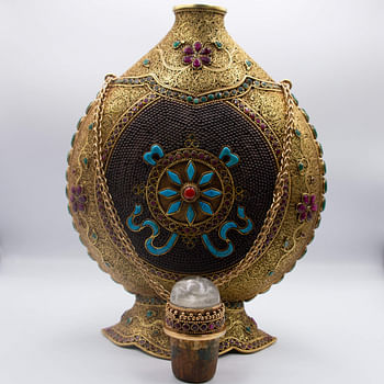 Antique Handcarved Crystal Filgree Bottle Pot Home Decoration Silver Plated Gold and Silver Plated Inlay with Crystal quartz, Rubies and Emeralds Gemstones, Turquoise Crystal Handcrafted in Nepal