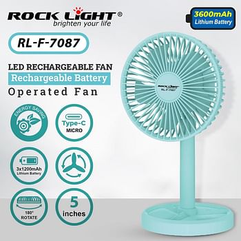 مروحة قابلة لإعادة الشحن LED مقاس 5 بوصات من Rock Light RL-F-7087 مع شحن من النوع C/Micro و3 بطاريات سعة 1200 مللي أمبير في الساعة ودوران 180 درجة