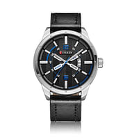 ساعة كورين 8211 بحزام جلدي مع ساعة أنيقة لعرض التاريخ واليوم باللون الأسود/الفضي