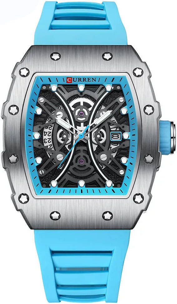 Curren  8438 Original Brand Rubber Straps Wrist Watch For Men / Cyan