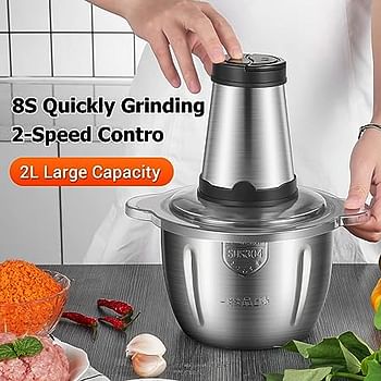 moobody Electric Meat Grinder 2L Multi Function Stainless Steel Food Processor for Meat Vegetables Fruits Nuts 2-Speed Control Food Chopper for Home Kitchen Restaurants
