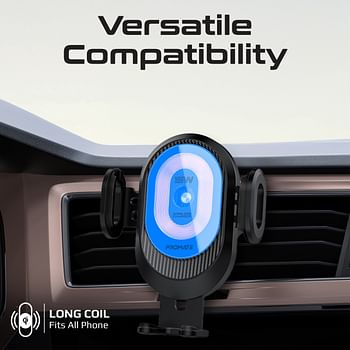 Promate Wireless 15W Qi Fast Car Charger, Auto-Clamping Air Vent and Dashboard Phone Holder with Large Coil, Flexible Gooseneck, Transparent Design, FOD Detection, and Multi-Angle Support,PowerMount-2