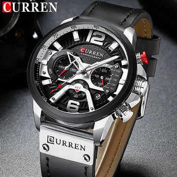 CURREN Original Brand Leather Straps Wrist Watch For Men 8329 Black Silver
