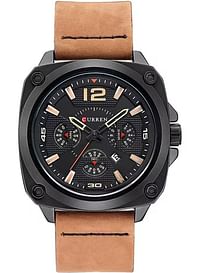 Curren 8260 Sports Leather Strap Analog Watch Alloy Case Quartz Watch For Men - Brown/Black