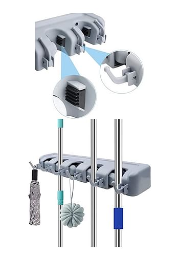 Mop and Broom Tools Holder 5 Position with 6 Hooks Wall Mounted Organizer Saving Space Storage Rack For Kitchen Garden Garage Laundry Offices