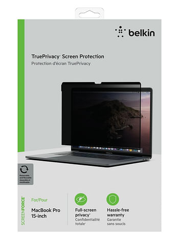 واقي شاشة Belkin SCREENFORCE TruePrivacy MacBook Pro 15 بوصة - رفيع للغاية مع حماية كاملة للشاشة ، وفلتر جانبي ثنائي الاتجاه ، وقابل للإزالة وإعادة الاستخدام ، وسهل التثبيت - لجهاز Macbook Pro 15 بوصة