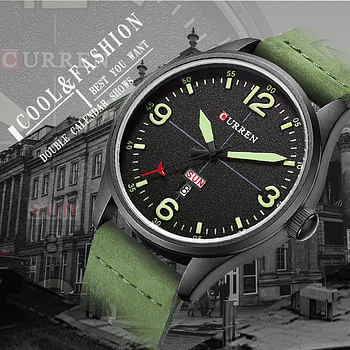 CURREN 8265 Luxury Casual Men Watches Leather Strap Male Clock Display Date Quartz Wristwatch Green/Black