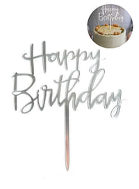 Happy Birthday Cake Topper Mirrored Acrylic Cupcake Topper for Kids Perfect for Decorations and Party Supplies Silver