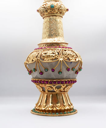 Pair of Golden Plated Vase with Crystal quartz, Rubies and Emeralds Gemstones Gold Gilted Flower Vase Antique Home Decoration Cultural Surahi Handicraft in Nepal