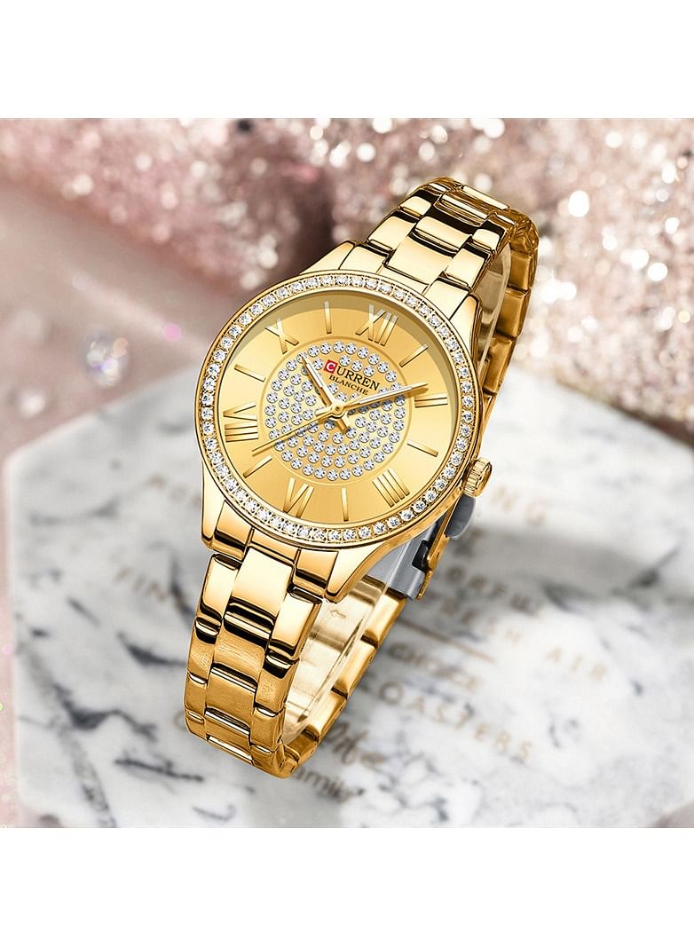 CURREN CURREN 9084 Luxury Brand Golden Dial Ladies Watches with Stainless Steel Strap Fashion Rhinestone Ladies Wristwatch with Luminous