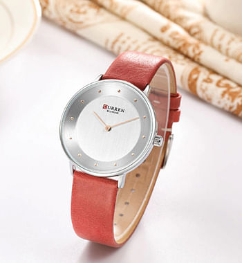 Curren 9033 Original Brand Leather Strap Wrist Watches For Women / Red