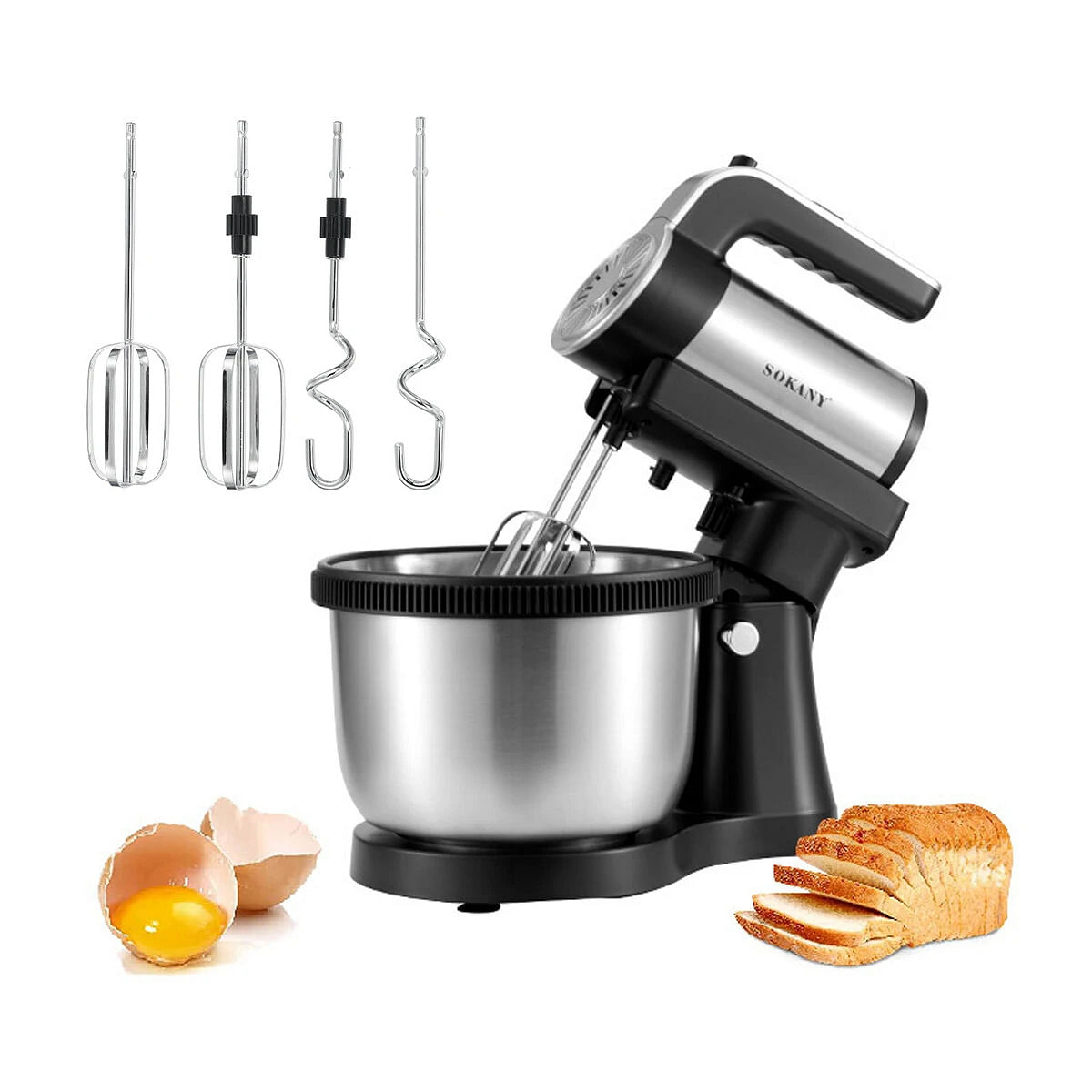 SOKANY Electric Stand Mixer 4L 5 Speed Tilt Head with Dough Rod Wire Whip & Beater Stainless Steel Bowl - EU Plug