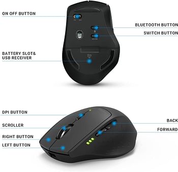 RAPOO MT550 Bluetooth Mouse, Multi-Devic Wireless Mice with 4 Adjustable DPI, Symmetrical Ergonomic Design, 12 Month Battery Life, for Laptop MacBook Apple, Black