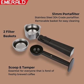 إميرالد - ماكينة صنع القهوة الأوتوماتيكية من الفولاذ المقاوم للصدأ، ماكينة صنع الإسبريسو والكابتشينو. 20 بار، خزان مياه سعة 1.5 لتر، وظيفة تكوين الرغوة، صينية تقطير قابلة للإزالة.