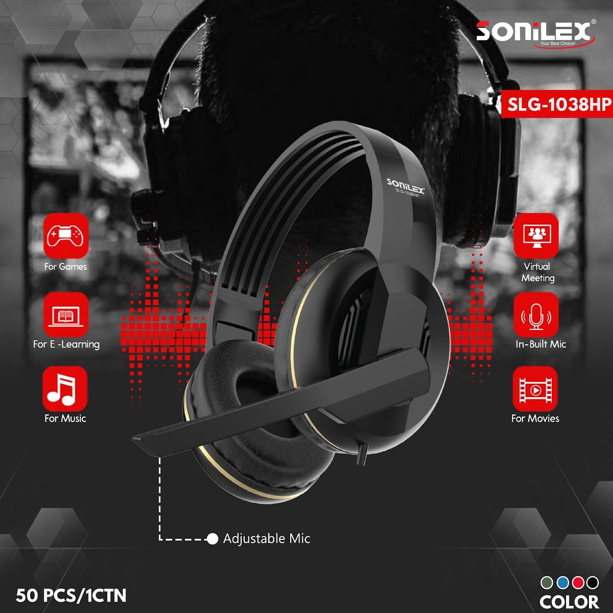 SONILEX SLG-1038HP Wireless Gaming Headphone with Mic Over Ear for for Games E-Learning Virtual Meeting