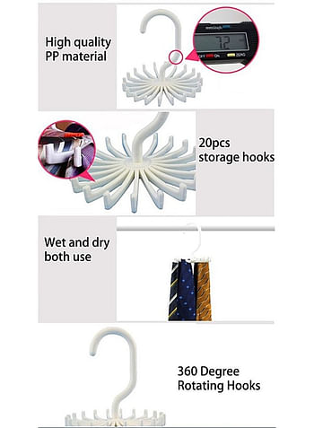 Tie Holder Belt Hanger with Rotating 20 Hooks Durable Scarf and Accessories Organizer White